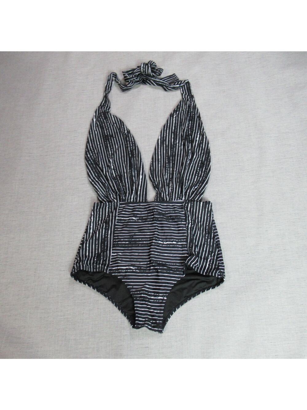 COCOSHIP One Piece Swimsuit Womens 3XL Black Striped High Waist Halter Pin Up